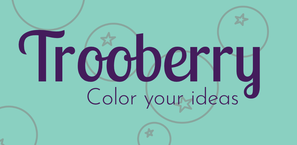 Banner promotional image for Trooberry app. Teal background with floating trooberries (fictional berries with a star on them) and the name Trooberry in the foreground